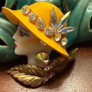 Vintage Yellow Hat Brooch with Crystal Accents
